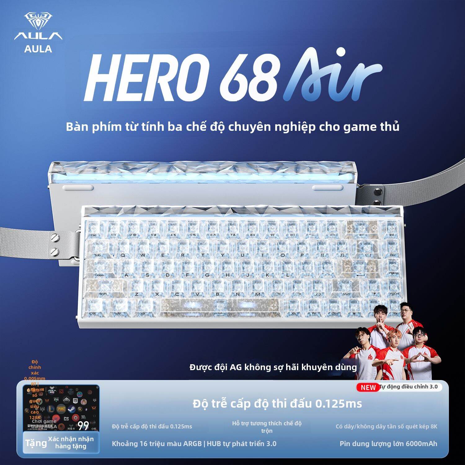 AULA HERO 68 Air Bàn Phím Cơ Chơi Game E-sports FPS Không Dây 3 Chế Độ Công Tắc Từ Tính RGB 8K