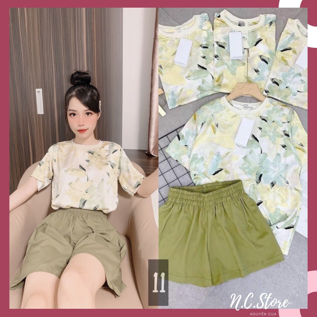Bộ Ngủ Lụa Cổ Tròn Mặc Nhà Áo Lụa + Quần Sooc Sang Chảnh