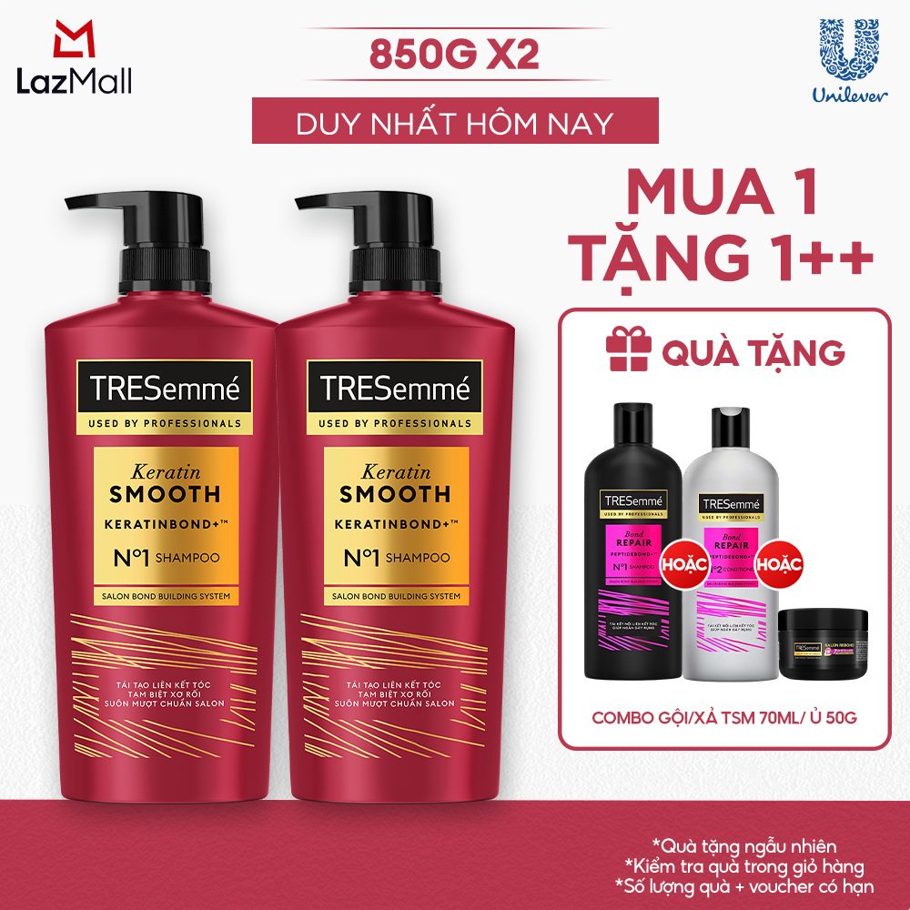 Combo 2 Dầu Gội TRESemmé Keratin Smooth Keratinbond+ Cho Tóc Khô Xơ Rối Vào Nếp Suôn Mượt (850gx2)