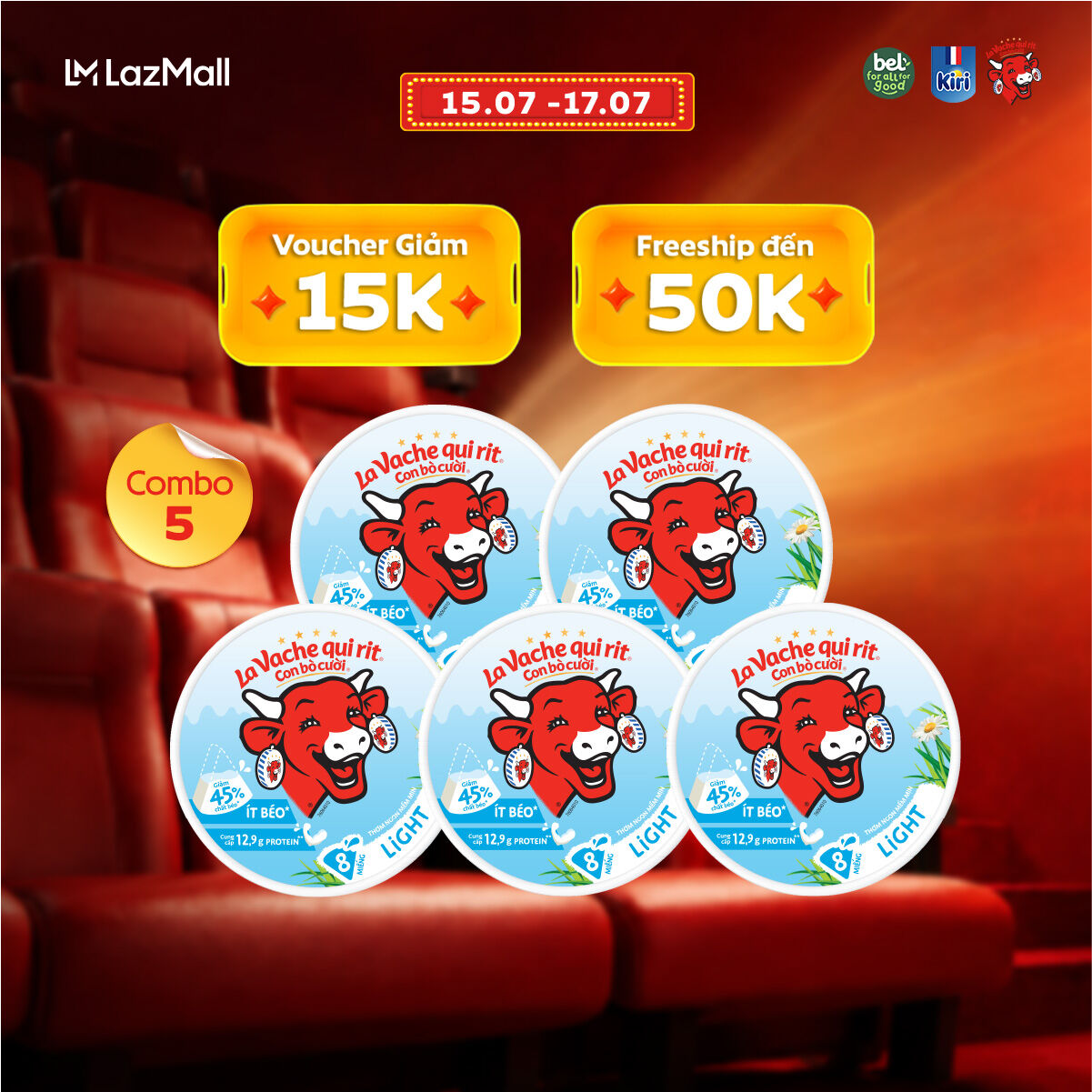 Combo 5 Phô Mai Con Bò Cười 8 miếng Light120g (ít béo)