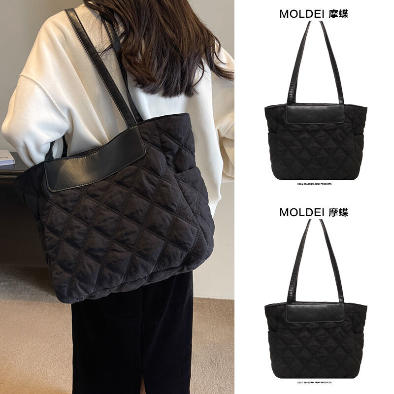 Túi Tote Thời Trang Nữ Mới 2024 Dung Tích Lớn Màu Đen Cotton Đi Lại Tất Để Phù Hợp Hàng Ngày Túi Đeo Vai Mềm Mại