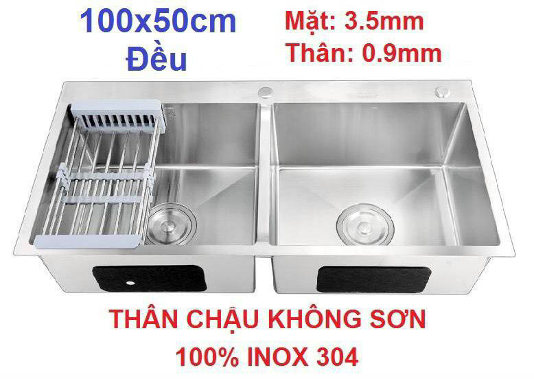 Chậu rửa chén inox 304 kt100 x 50 dày dặn tặng khay và bộ xả, bảo hành 2 năm