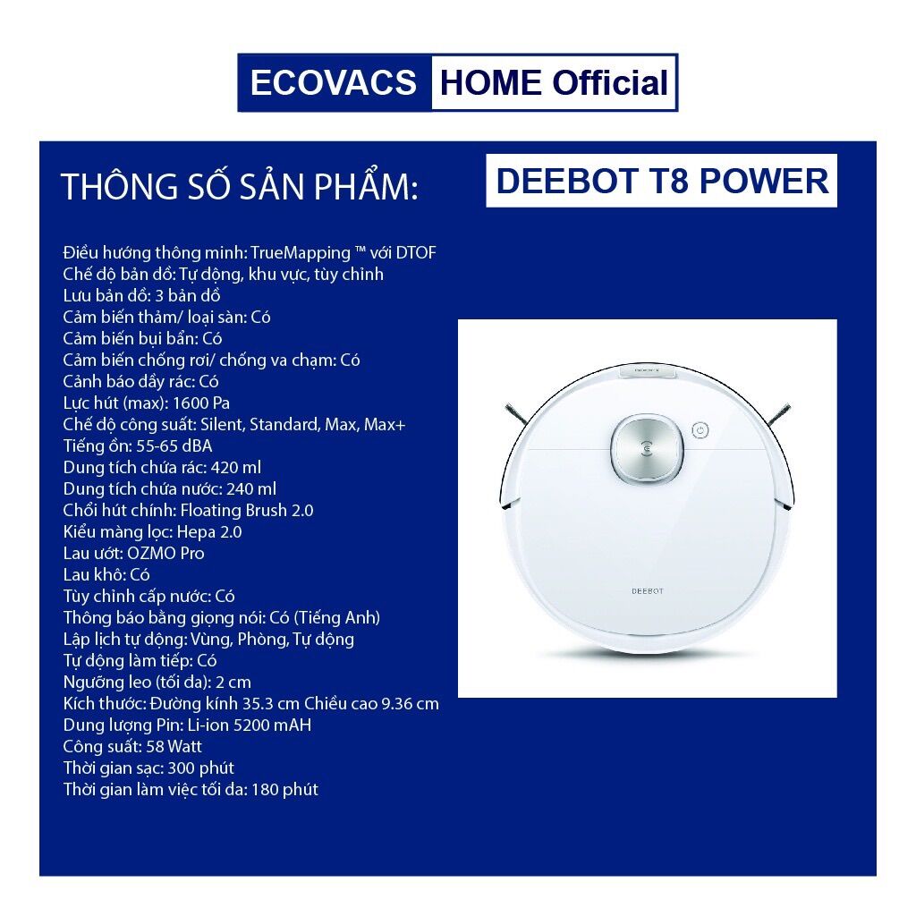 ✅ Robot hút bụi lau nhà ECOVACS DEEBOT T8 Power