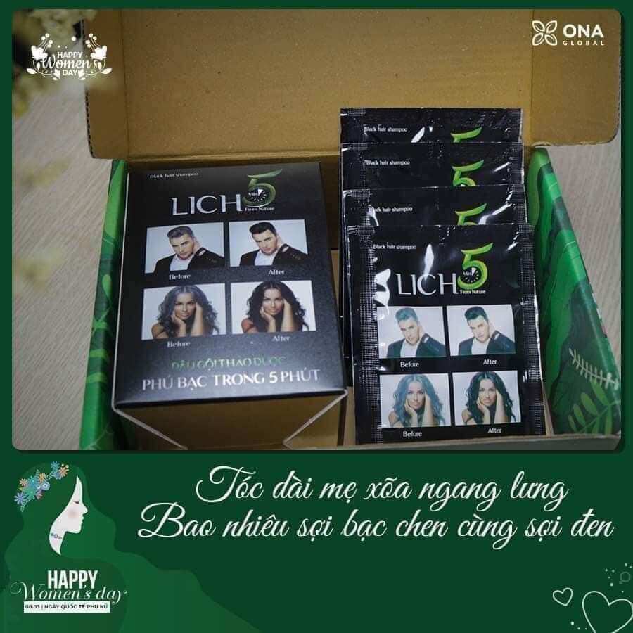 Dầu Gội Thảo Dược Phủ Bạc LICH5. Hộp 10 gói.