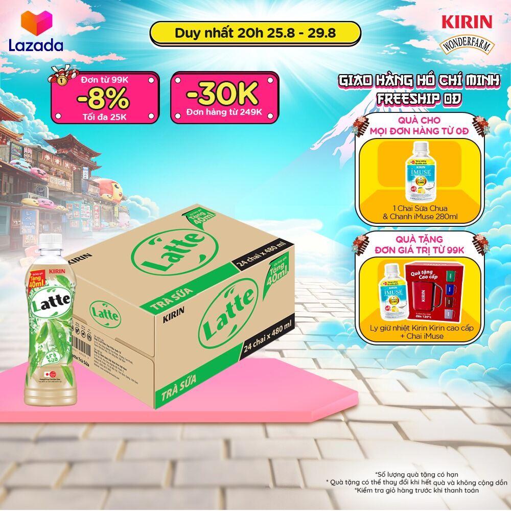 [duy nhất 20h 24-29.08 | đơn từ 99k tặng quà - giao hàng toàn quốc thùng 24 chai kirin latte trà sữa 440ml