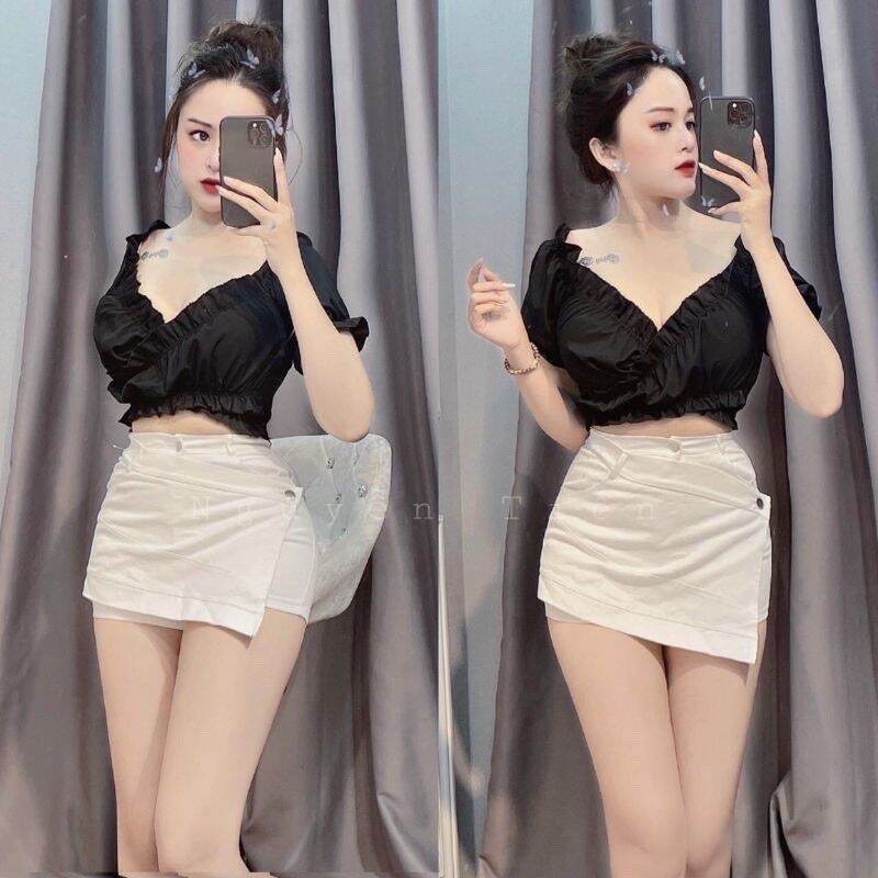 Áo kiểu bèo phối dây chéo bụng xinh dây 1m luôn nha a22
