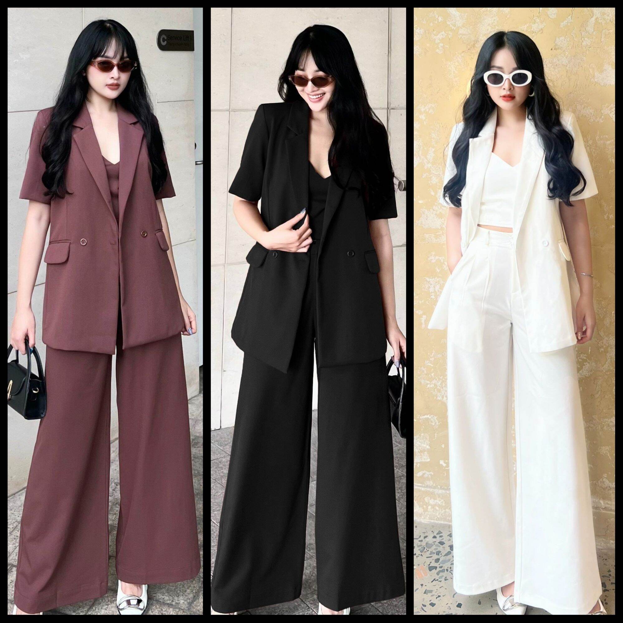 Femei - Set Blazer Vest tay ngắn 3 món quần dài