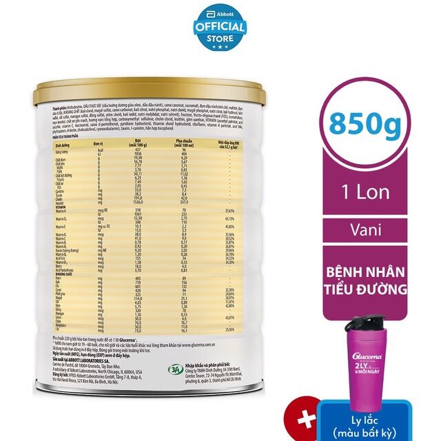 Sữa Bột Glucerna Vani 850g Tặng Bình Lắc