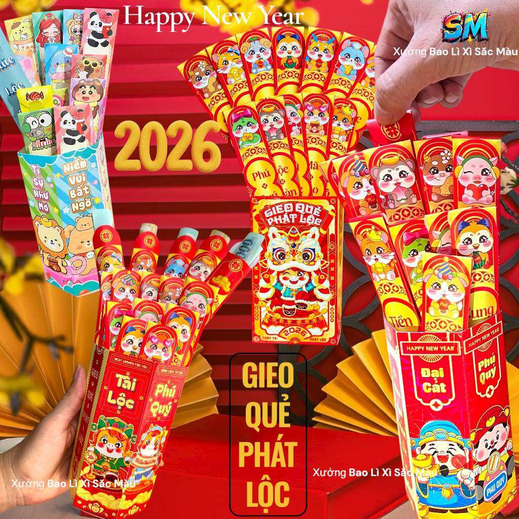 Bao Lì Xì Gieo Quẻ 2026 Hình NGỰA -THẦN TÀI-HOẠT HÌNH Bộ “lì xì sáng tạo mẫu mới hottrend -Bộ có 1 hộp và 12 Quẻ