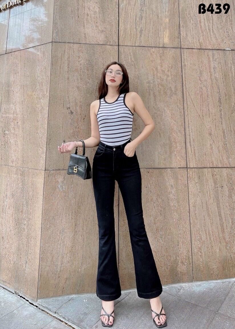 Quần Jeans Nữ Lưng Cao Ống Loe Dài Co Giãn