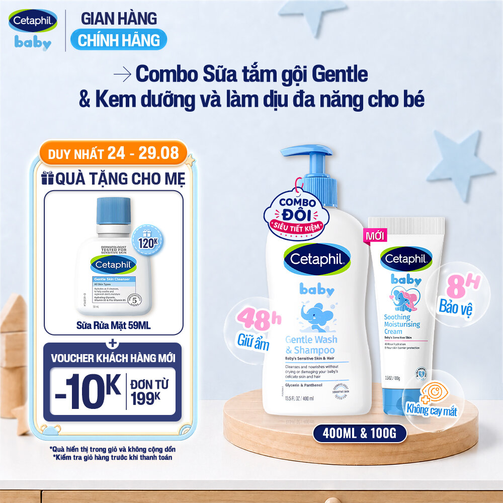 Combo Sữa tắm gội dịu lành cho bé CETAPHIL BABY GENTLE WASH  SHAMPOO 400ML  Kem làm dịu và dưỡng ẩm cho bé Cetaphil Baby Soothing  Moisturising Cream tuýp 100g