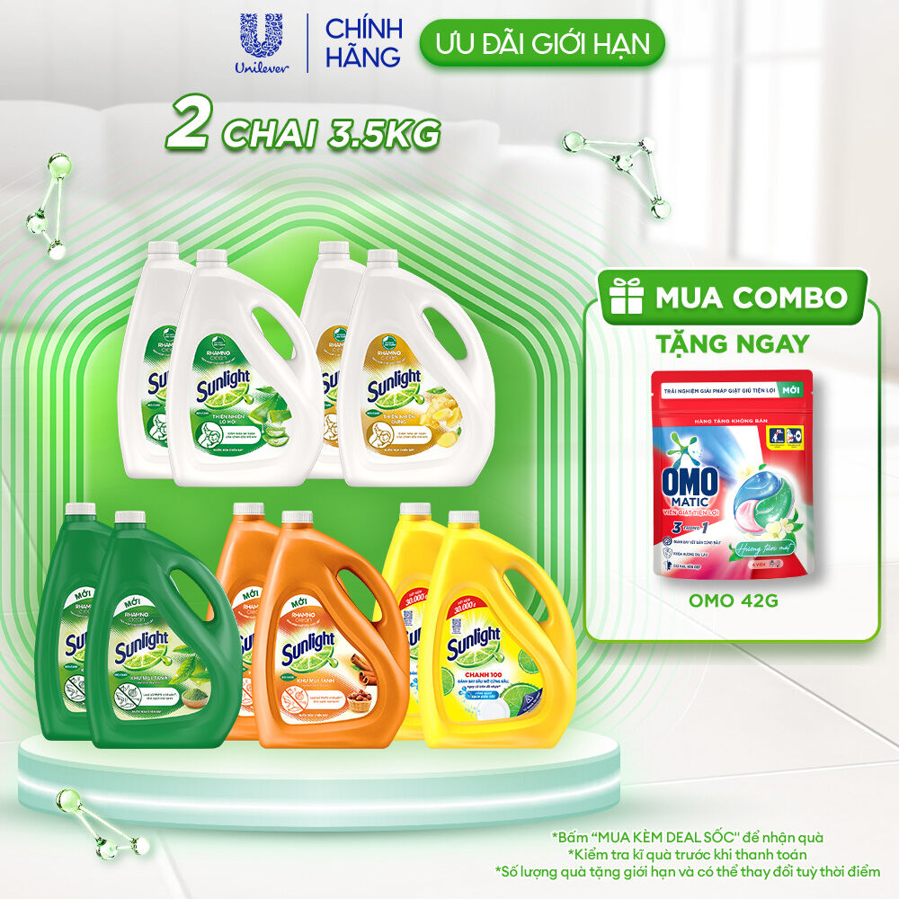 COMBO 2 Nước rửa chén Sunlight Thiên Nhiên Can 3.5kg & Chanh Can 3.6kg | Công nghệ Rhamno Clean | Đánh bay dầu mỡ ngay cả trên đồ nhựa