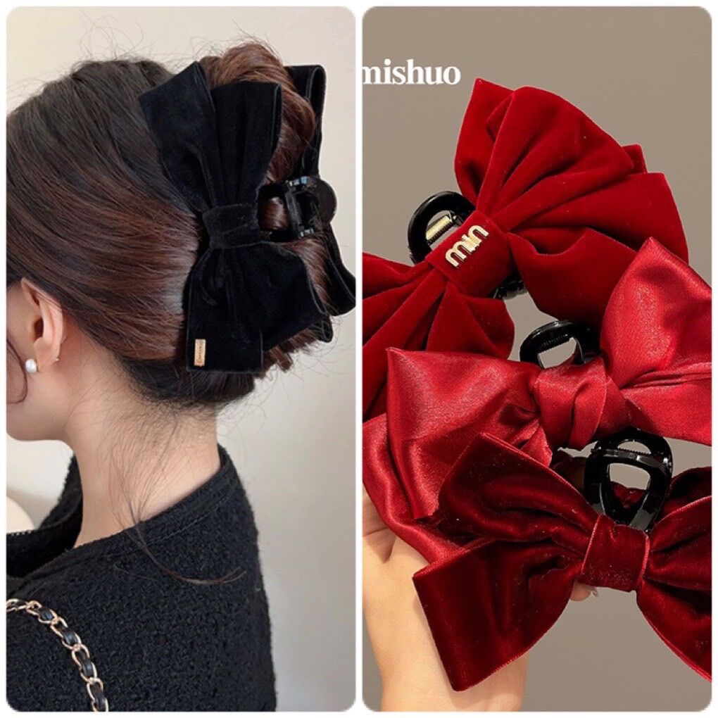 Kẹp tóc nơ lớn sau đầu màu đỏ đen trắng kẹp tóc nơ bản to nữ tính Hàn Quốc