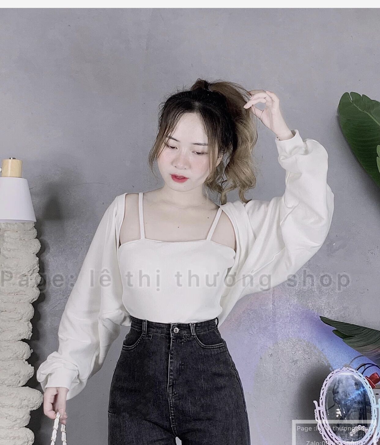 Jeans dài lưng cao co giãn trơn + set 2 món áo khoác