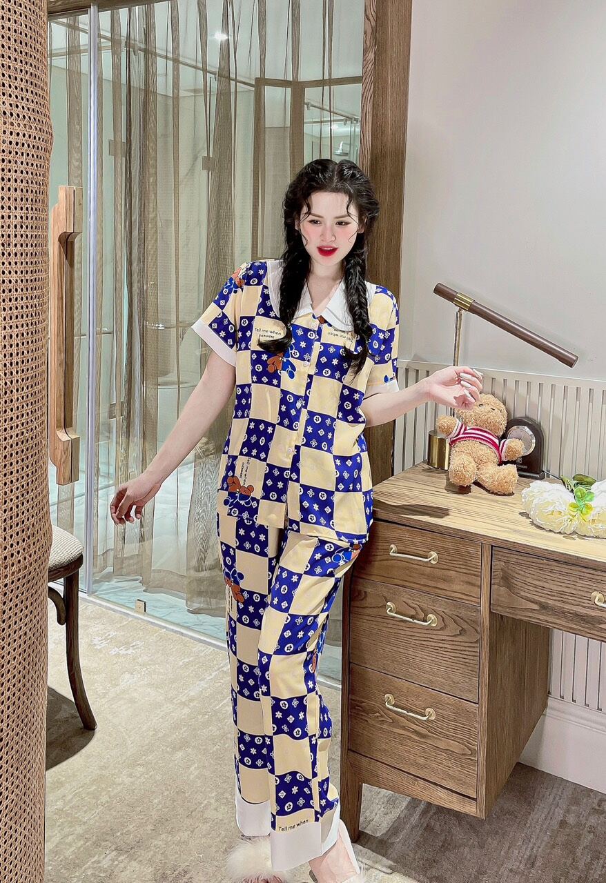 Freesize dưới 55kg - LỤA MANGO PIJAMA ĐỒ BỘ CD - CỔ SEN 2 LÁ có túi quần