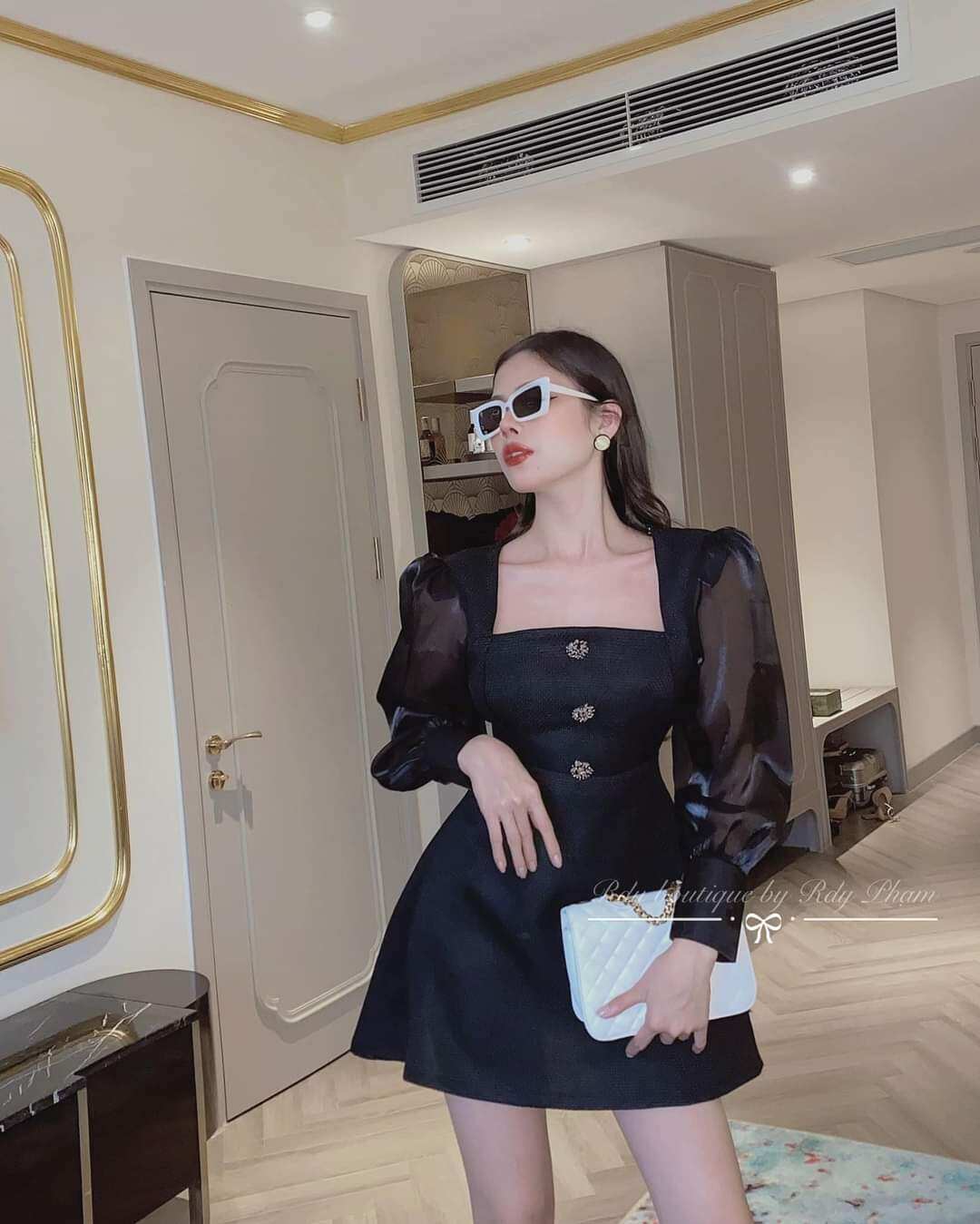 Đầm chữ A tay phồng phối voan siêu sang (kèm ảnh chụp thật,)