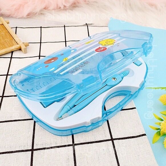 Bộ compa, thước kẻ eke tẩy chì, hộp đựng...(giao màu ngẫu nhiên)