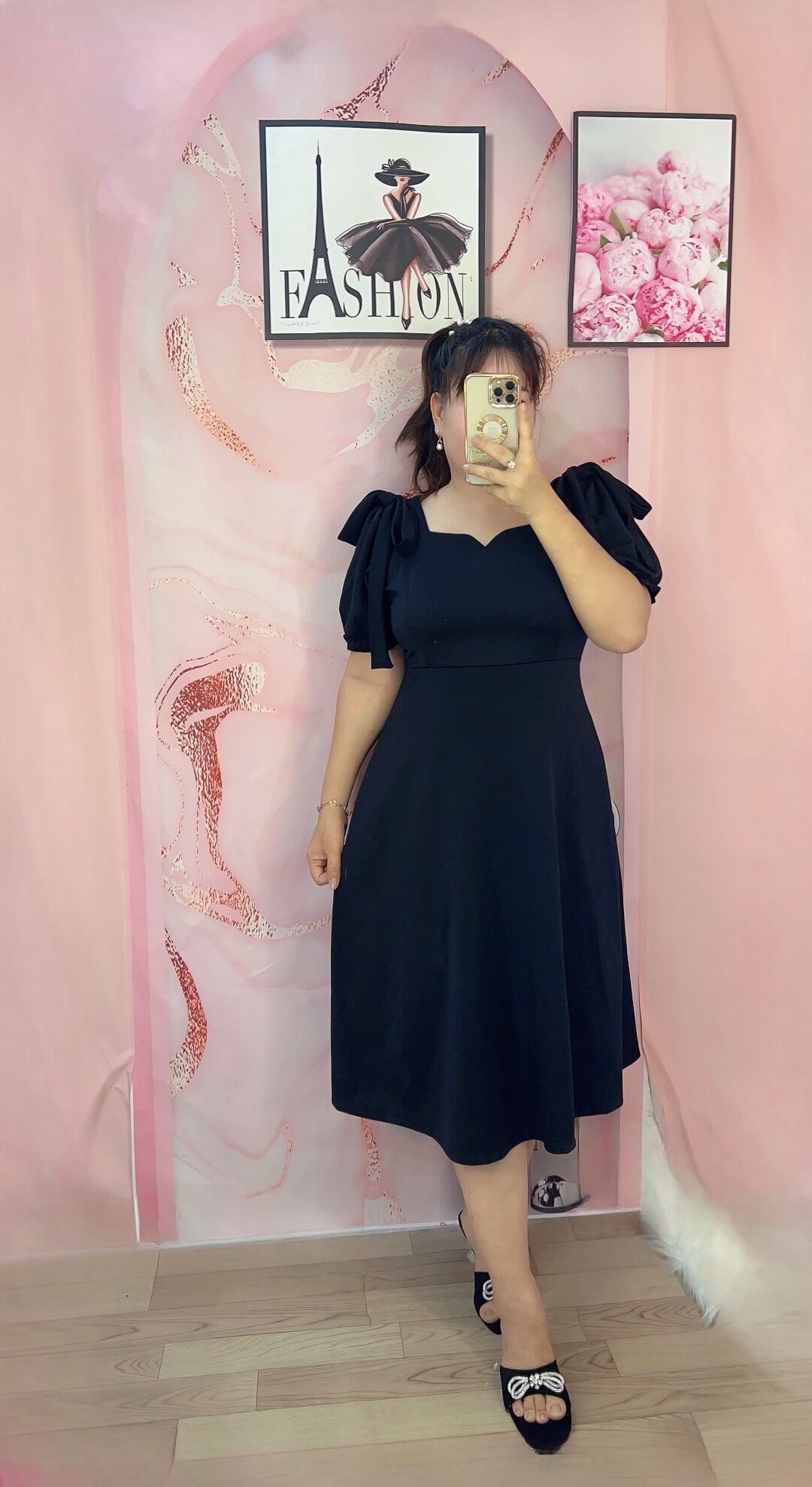 Đầm Midi đính nơ vai Bigsize 60kg đến 95kg