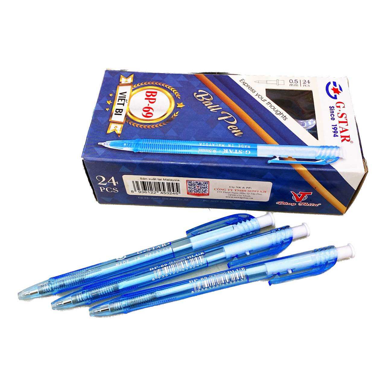 Hộp 24 cây bút bi xanh gstar malaysia loại tốt