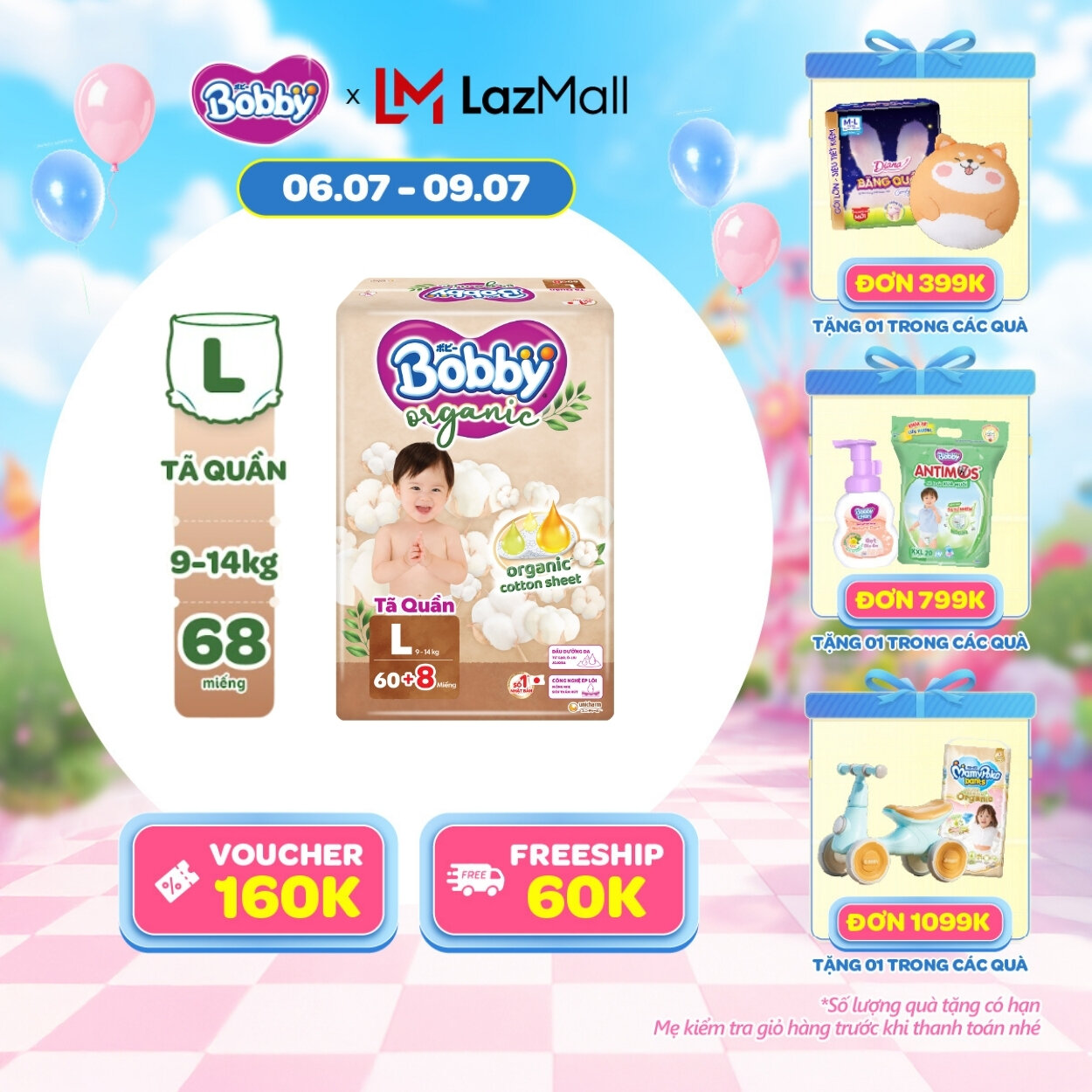 [20h 6-9/7 tặng QUÀ TO-SLCH][MỚI RA MẮT] [TẶNG KÈM 8 MIẾNG] Tã quần cao cấp Bobby Organic chăm sóc dịu nhẹ từ thiên nhiên L60