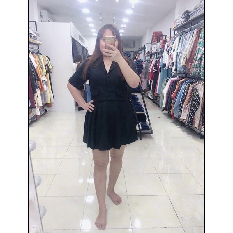 (SHOP TÁO ĐỎ BIGSIZE 50kg đến 90kg) set áo vest croptop và chân váy xếp ly