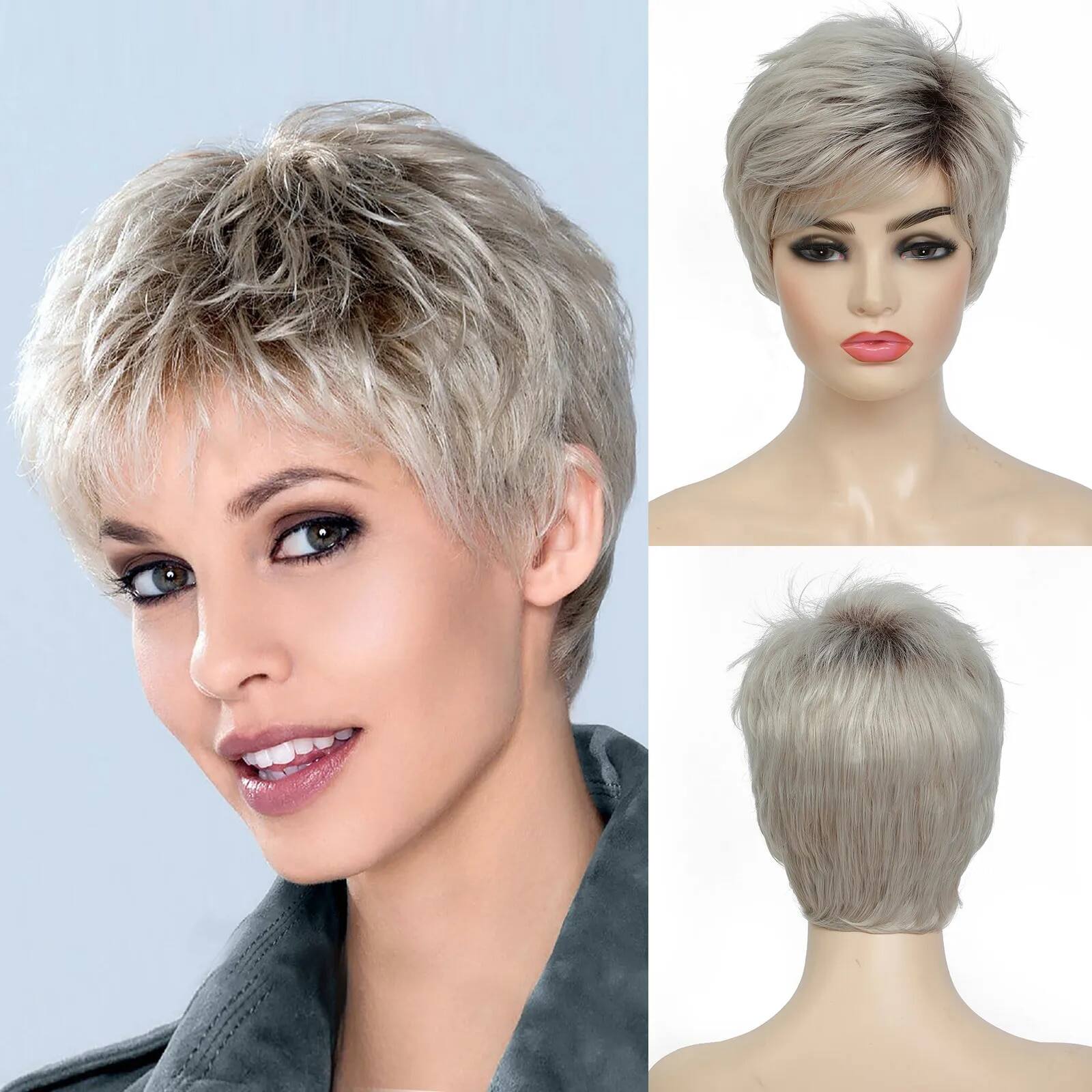Bchr ngắn ombre tóc vàng thẳng tổng hợp bộ tóc giả dành cho nữ phối nâu tóc giả