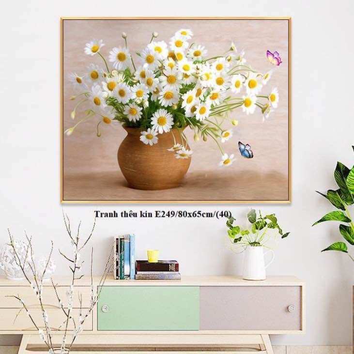 Tranh thêu bình hoa cúc hoạ mi e249 chưa thêu