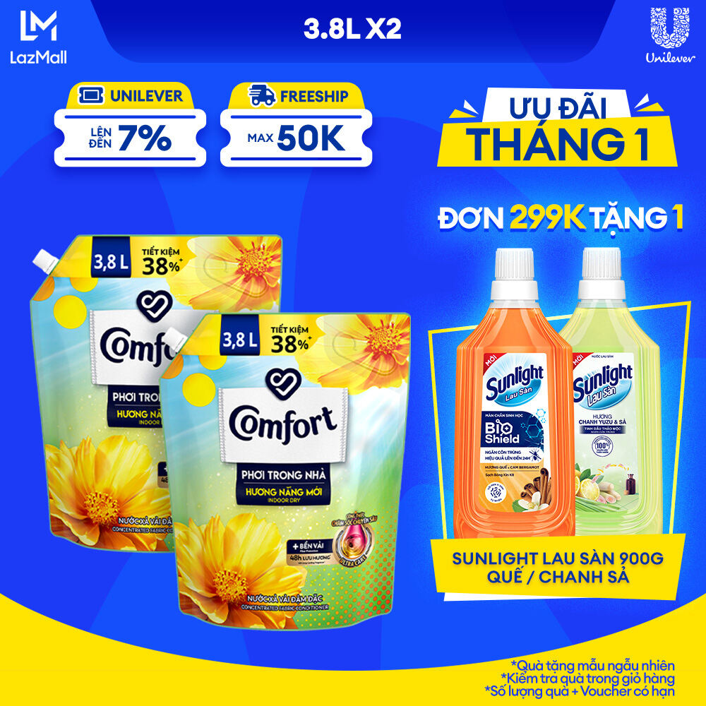 Combo 2 Túi Nước Xả Vải Comfort Đậm Đặc Phơi Trong Nhà Hương Nắng Mới 3.8L