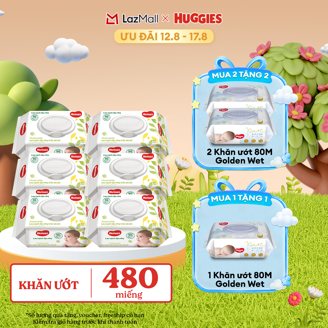 [12-17.08 GIẢM THÊM 90K] Combo 6 gói Khăn giấy ướt cho trẻ sơ sinh HUGGIES 80 miếng không mùi