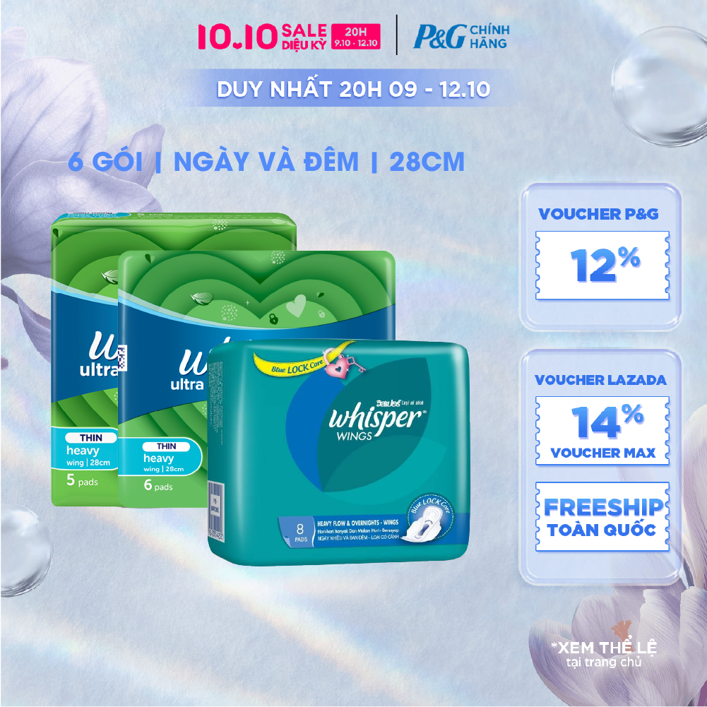 [Voucher 12%] Combo 6 Băng Vệ Sinh WHISPER Ultra Clean/ Thick Mesh Khô Thoáng Siêu Mỏng Cho Ngày Nhiều Có Cánh 28cm 5 Miếng/ 8 Miếng/ 6 Miếng