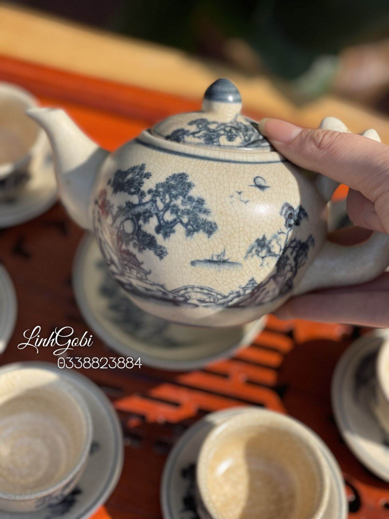 Bộ ấm chén men rạn cổ dáng gốc cây , ấm chén cổ , ấm chén bát tràng