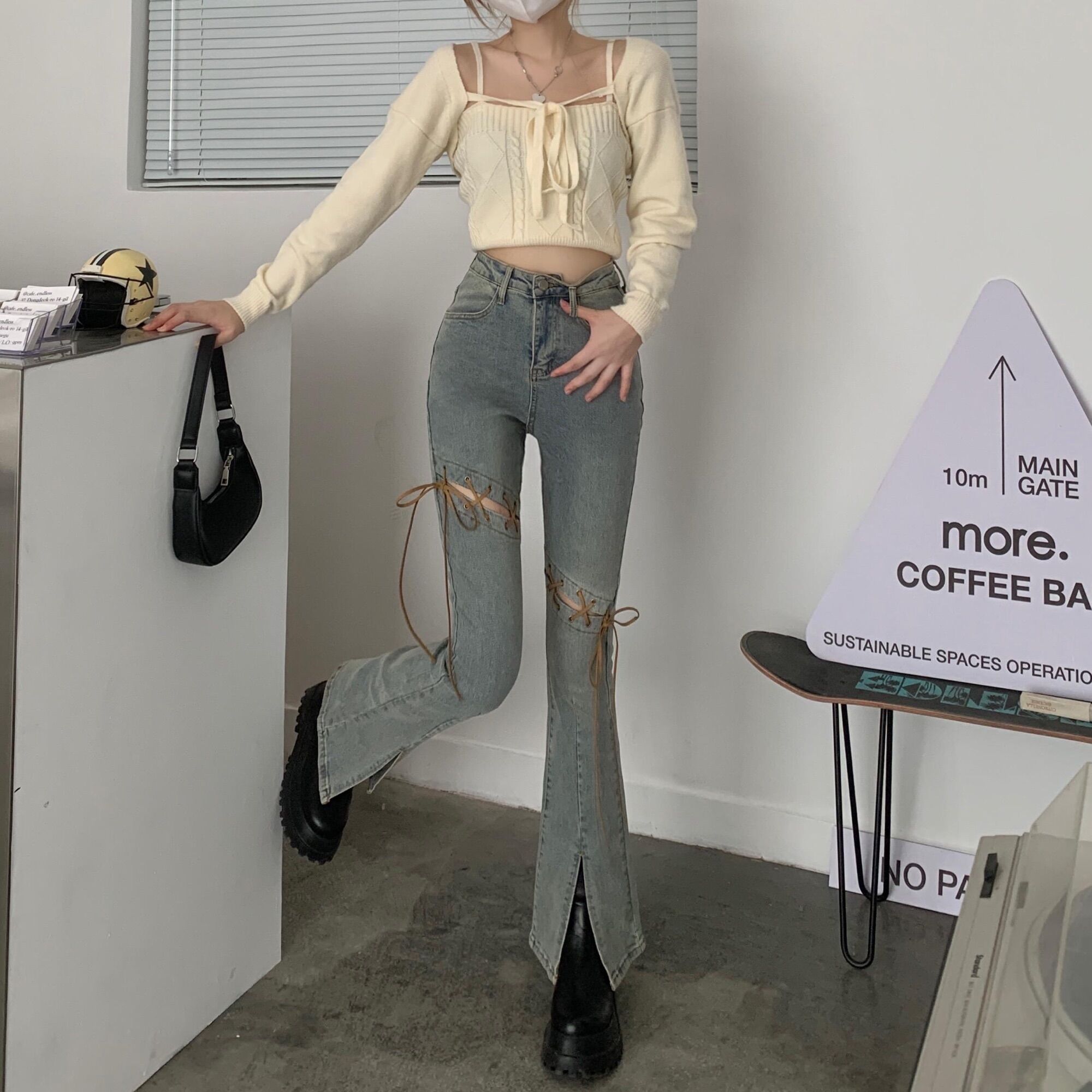 Quần jeans ống loe lưng cao phối dây thắt (kèm ảnh thật ở cuối)