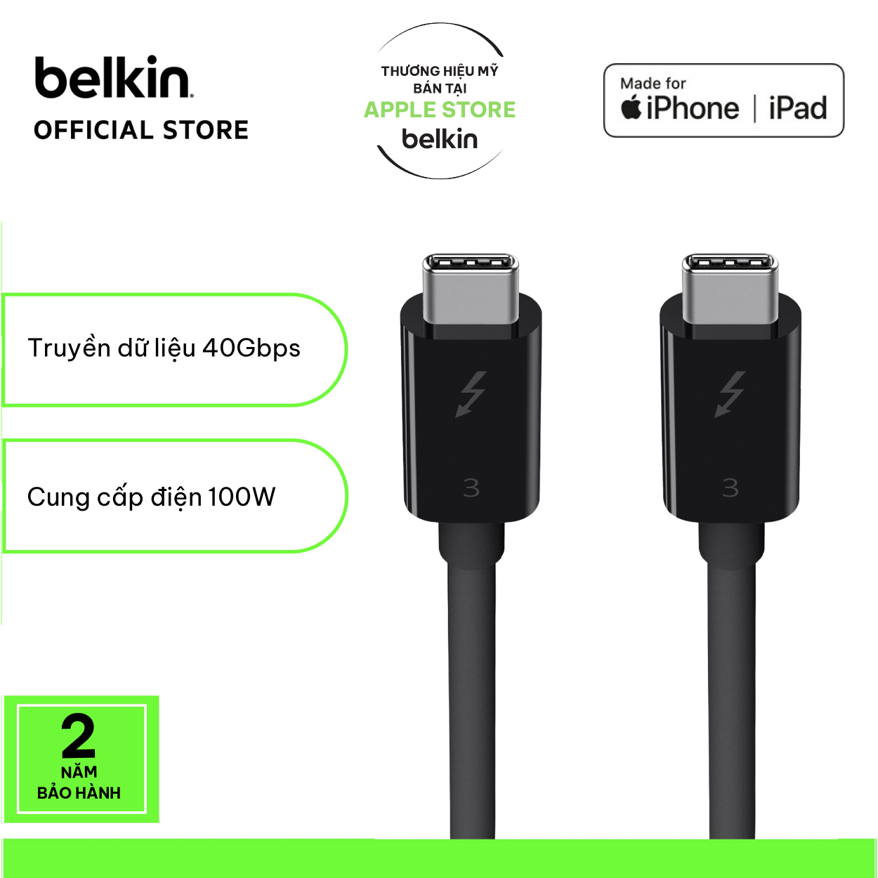 Cáp Thunderbolt 3 Belkin truyền tải dữ liệu 40Gbps, xuất hình ảnh UHD 5k, cáp chính hãng cao cấp - BH đổi mới 2 năm - F2CD084BT0.8MBK