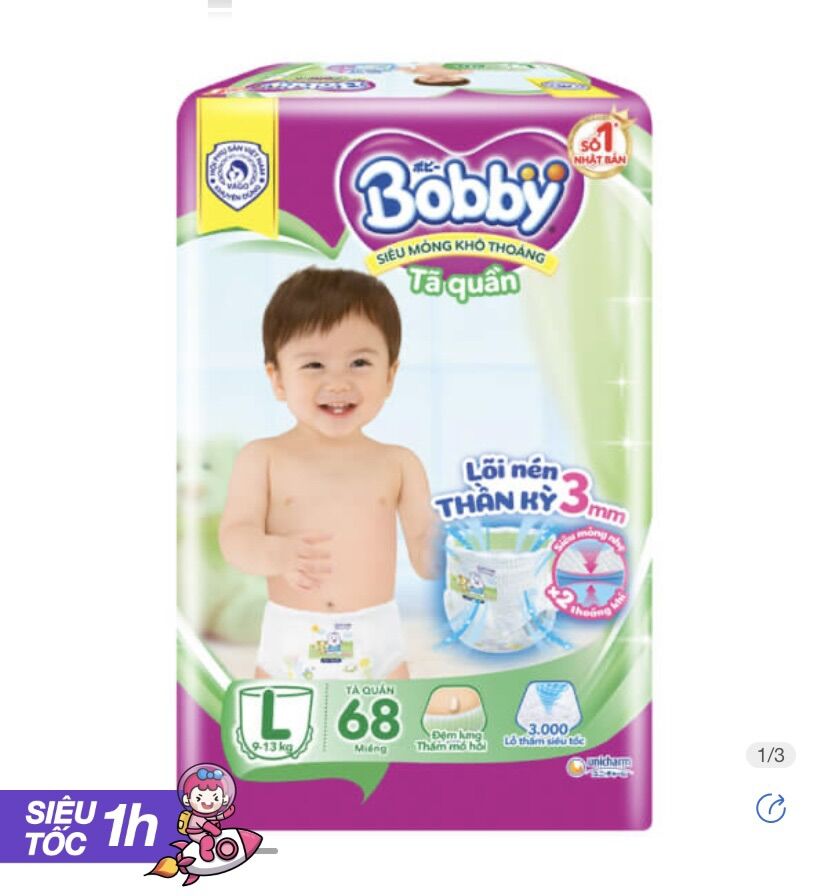 Bỉm tã quần Bobby size L 68 miếng (9-13kg)