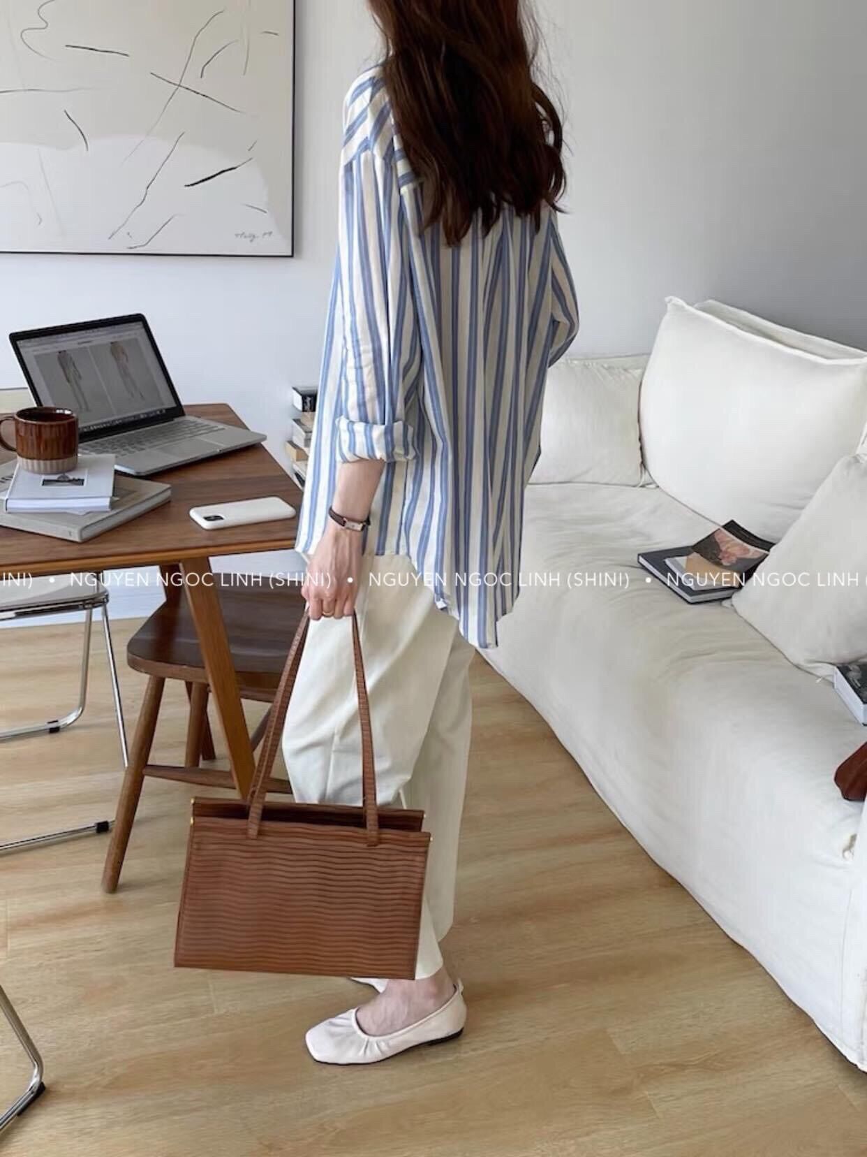 Áo sơ mi đũi kẻ sọc basic dáng rộng - Lumii