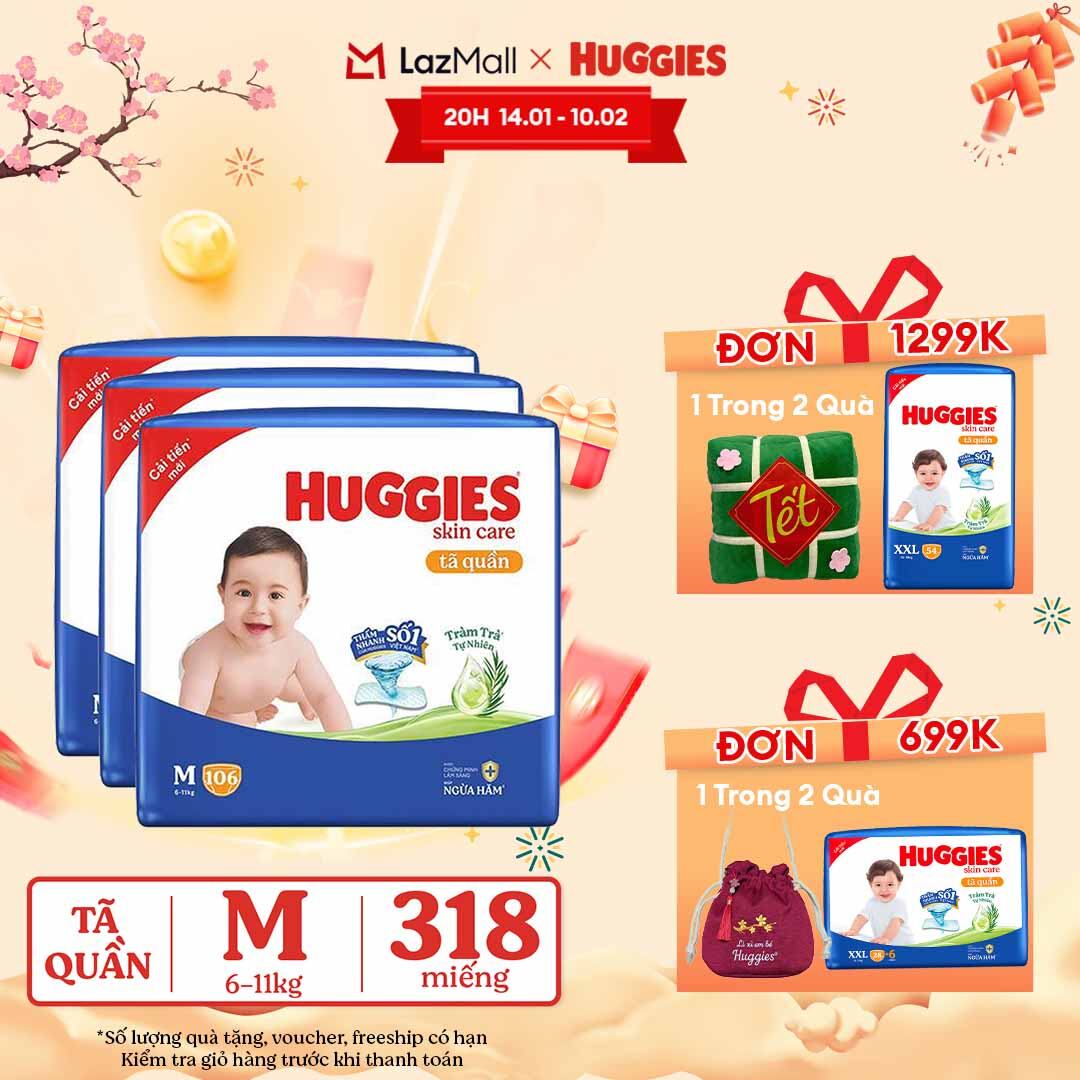 [CHỈ 15.01-10.02 GIẢM THÊM 90K]  Combo 3 Gói Tã/bỉm quần HUGGIES SKINCARE MEGA JUMBO size M106 miếng/ M102+4 miếng
