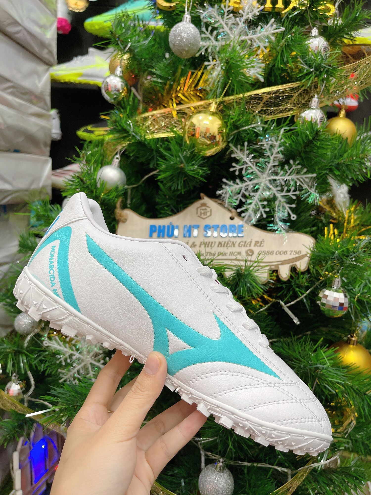Giày đá bóng MIZUNO PHỦI HT TF đã khâu full đế( trắng xanh)