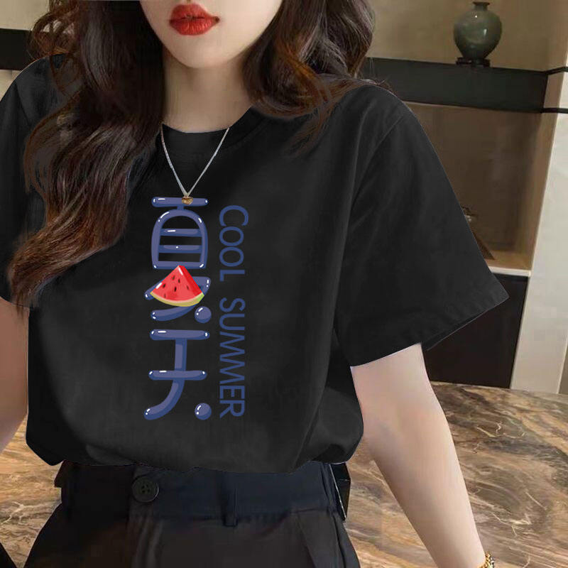 Mùa Hè 2023 Nữ Áo Thun Ngắn Tay Rộng Rãi Fit In Hình Trắng Phong Cách Cơ Bản Thoải Mái Cổ Tròn Áo Polyester Spandex Pha Trộn