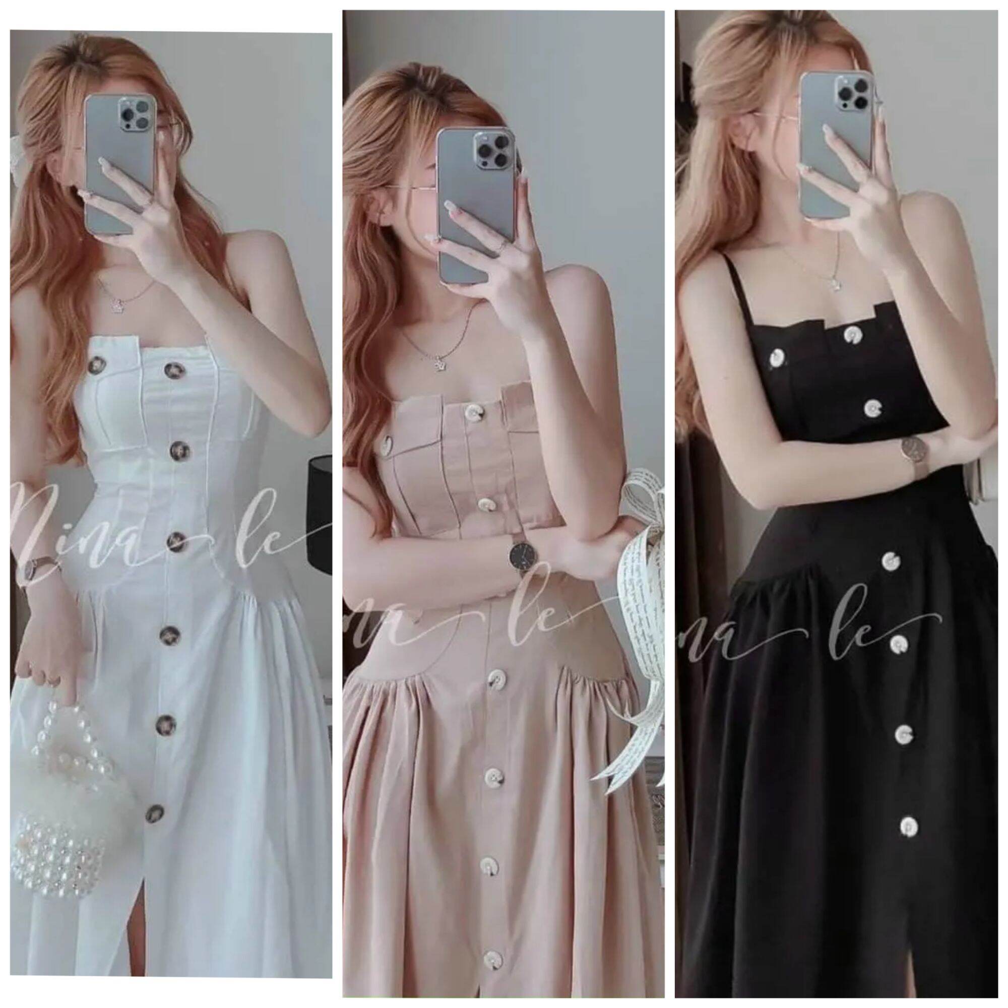 Đầm 2dây xếp ly hông cao cấp