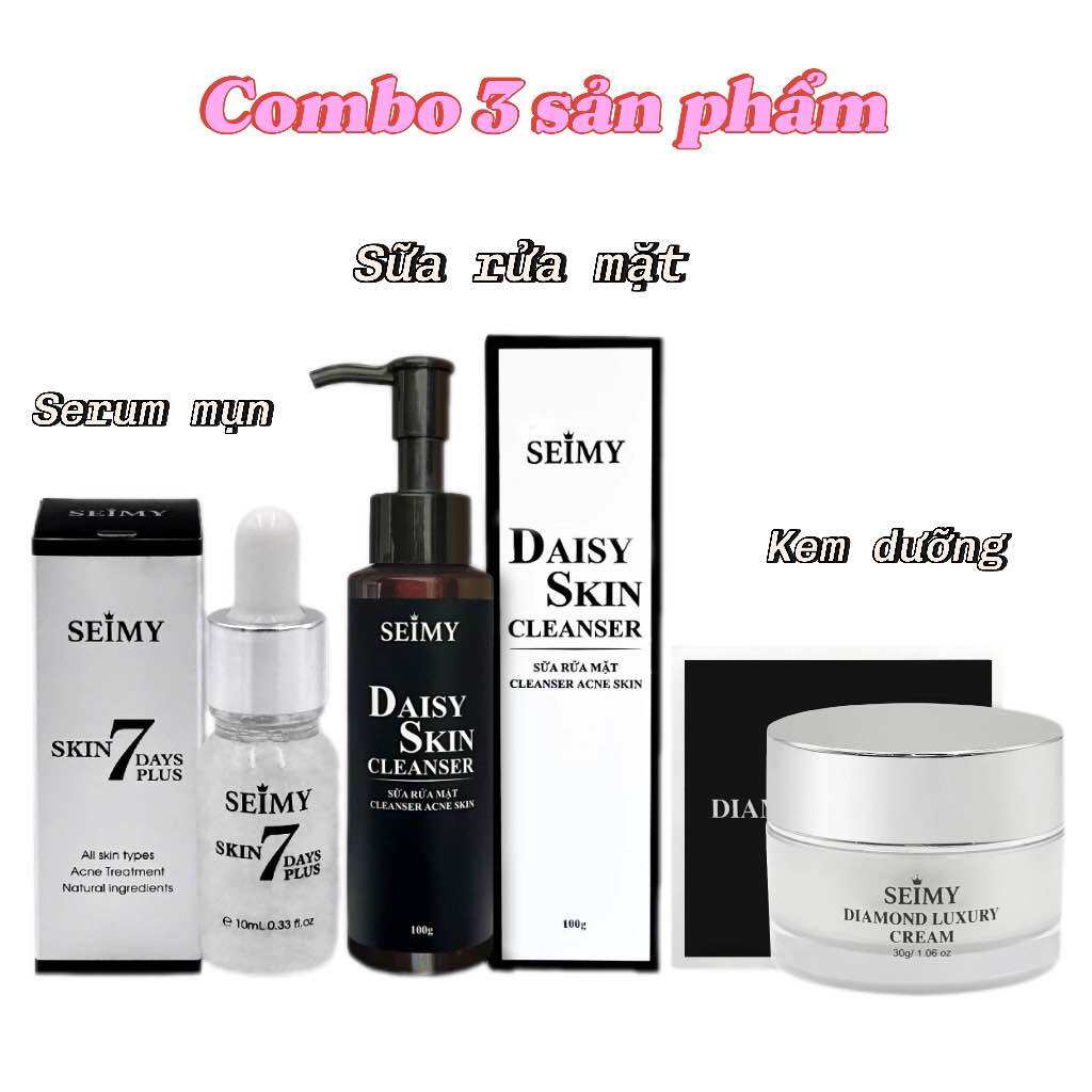 Combo 3 sản phẩm gồm Serum giảm mụn và thâm + sữa rửa mặt + Kem dưỡng da cấp ẩm ban đêm Seimy