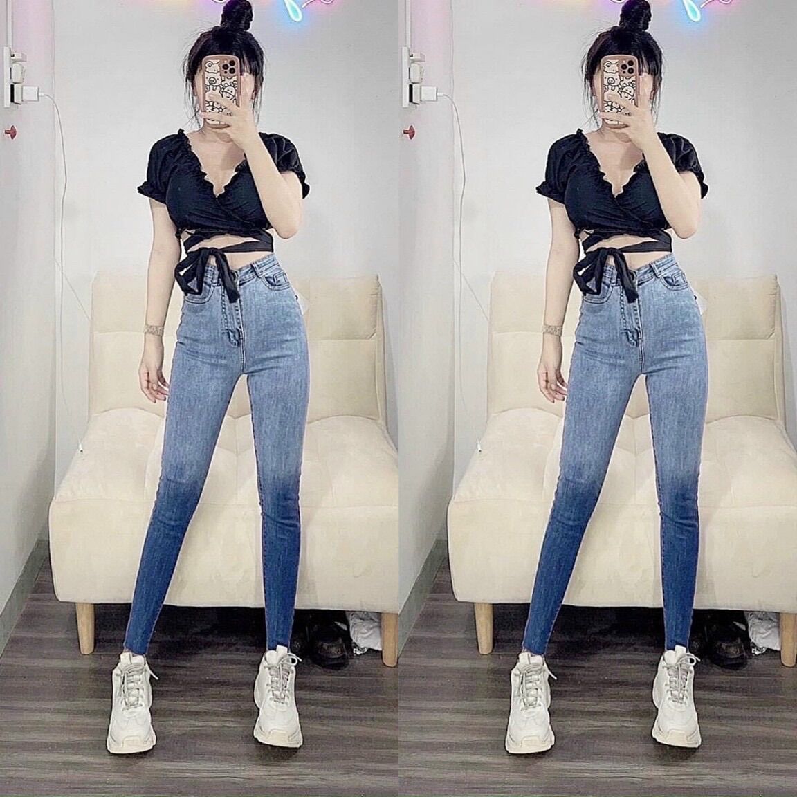 Set Jeans dài co giãn loan màu xanh + áo đắp chéo thắt eo