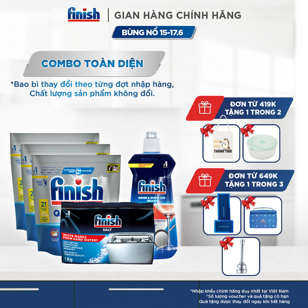 Combo Finish nâng cao: Bộ 3 túi viên rửa chén Quantum 21 viên + Nước làm bóng 500ml + Muối rửa chén bát 1kg