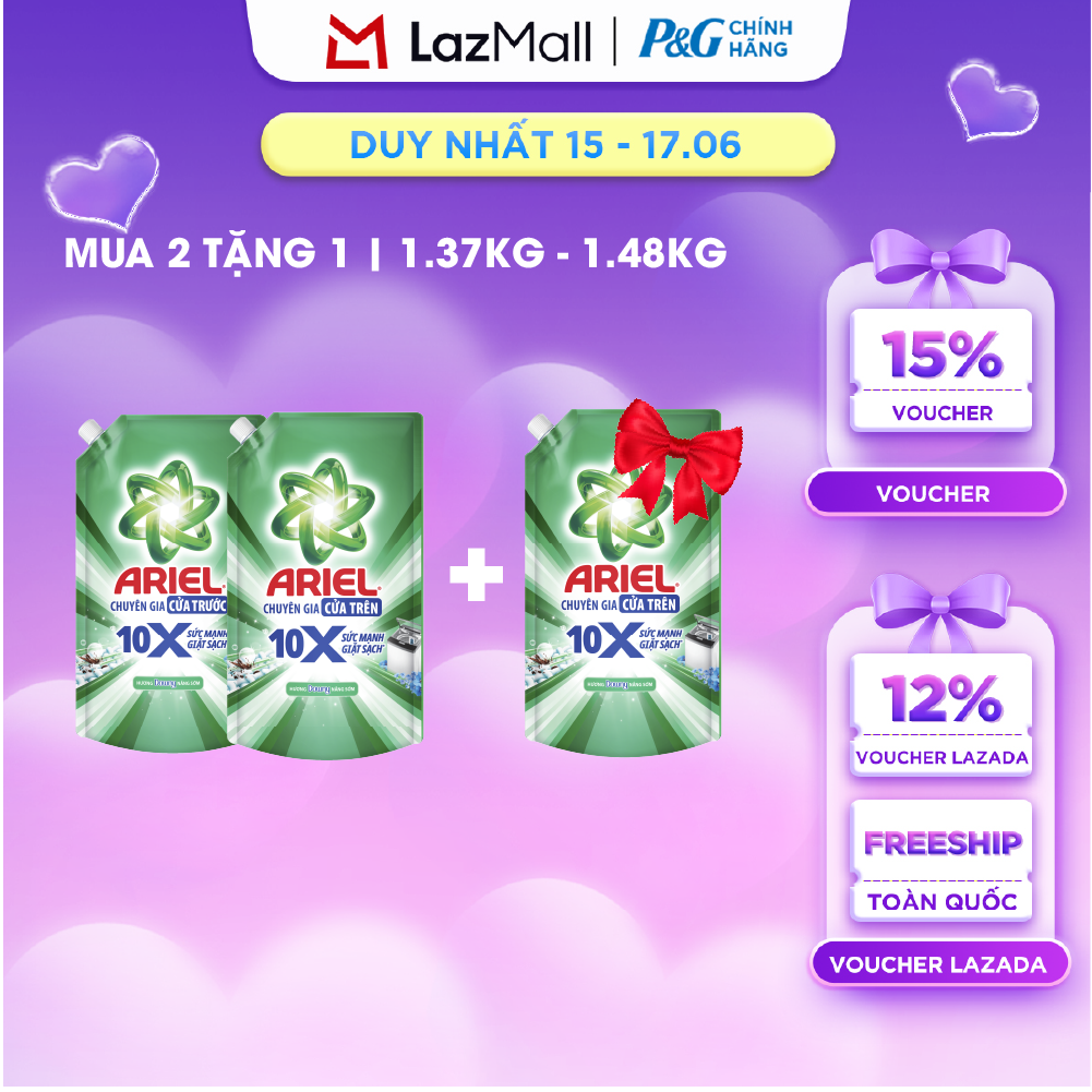 [MUA 2 TẶNG 1] Combo 3 Nước Giặt Gel ARIEL 10X Sức Mạnh Giặt Sạch Chuyên Gia Cửa Trước-Cửa Trên Hương Downy Nắng Sớm Túi1.37KG/1.48KG