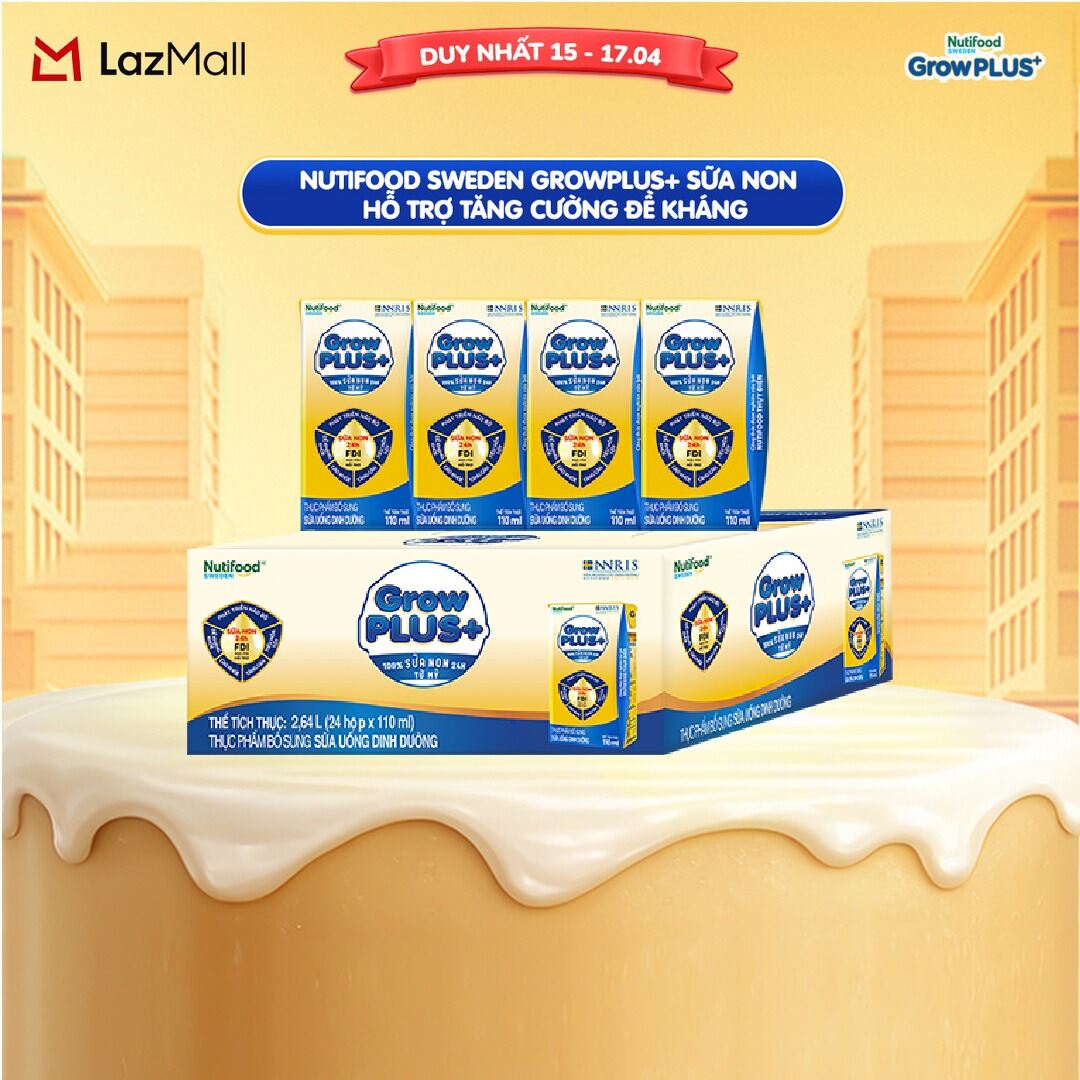 Thùng 24 hộp Sữa Bột Pha Sẵn Nutifood GrowPLUS+ Sữa Non (Vàng) - Hỗ Trợ Tăng Cường Đề Kháng 110ml