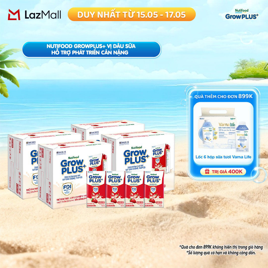 Combo 4 Thùng 24 hộp Sữa bột pha sẵn Nutifood GrowPLUS+ Vị Dâu Sữa hộp 110ml - Hỗ trợ phát triển cân nặng