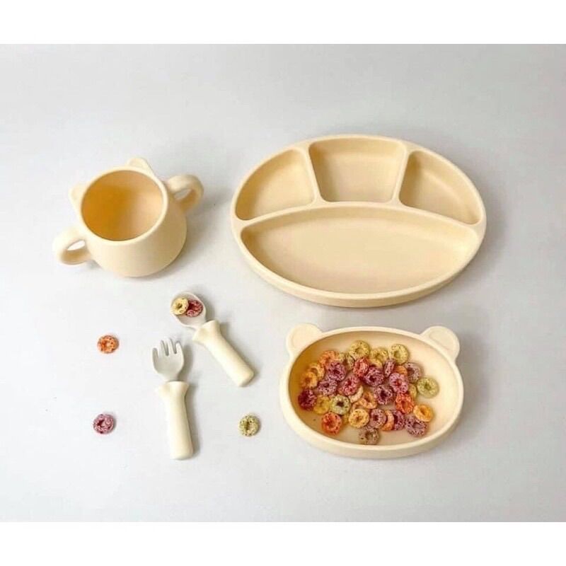 Set ăn dặm bluemama ( khay, cốc gấu, bát gấu, set thìa dĩa)