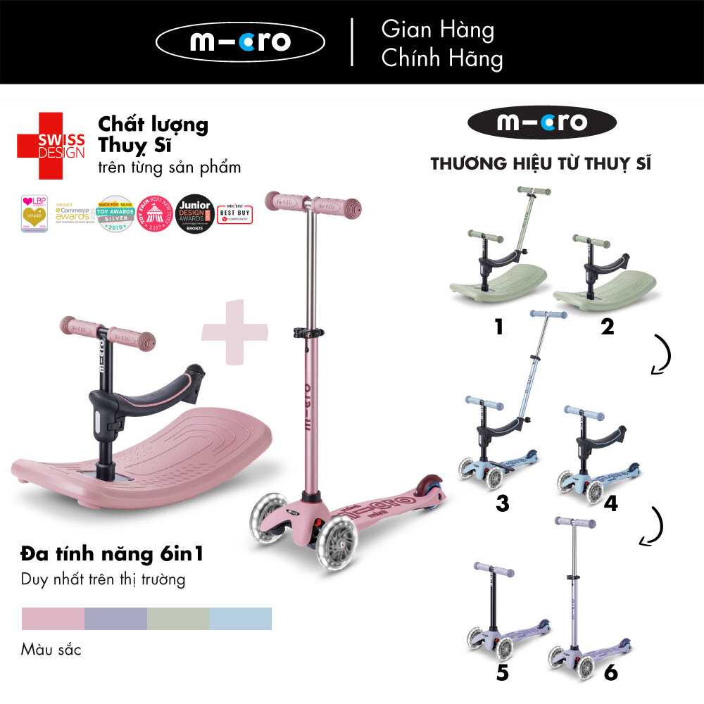 Xe trượt Micro Mini Deluxe Rock & Go LED, đa dụng 6in1, thương hiệu từ Thuỵ Sĩ