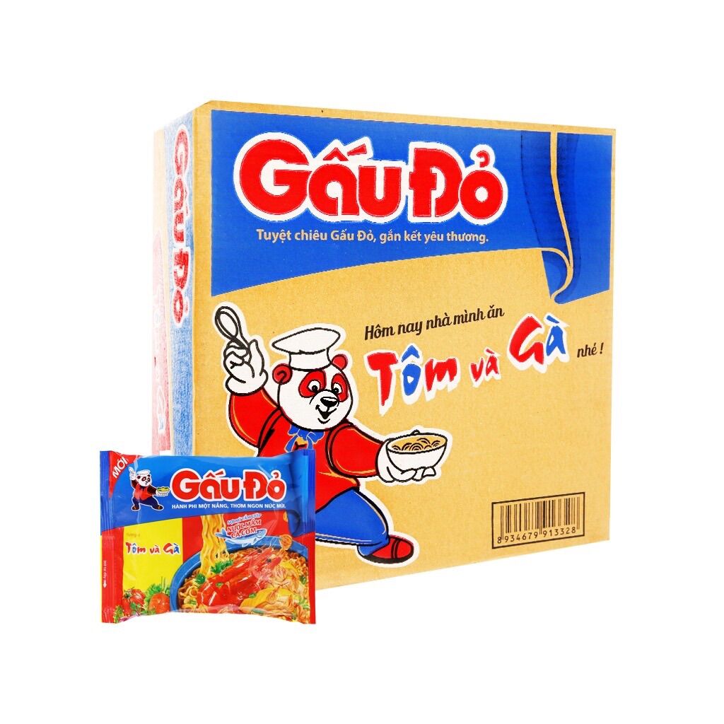 Thùng mì Gấu Đỏ tôm và gà 30 gói date mới