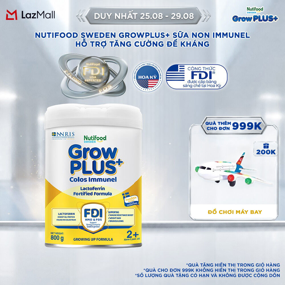 Sữa Bột Nutifood Sweden GrowPLUS+ Sữa Non Immunel trên 2 tuổi lon 800 g (Bao bì tuỳ lô hàng)