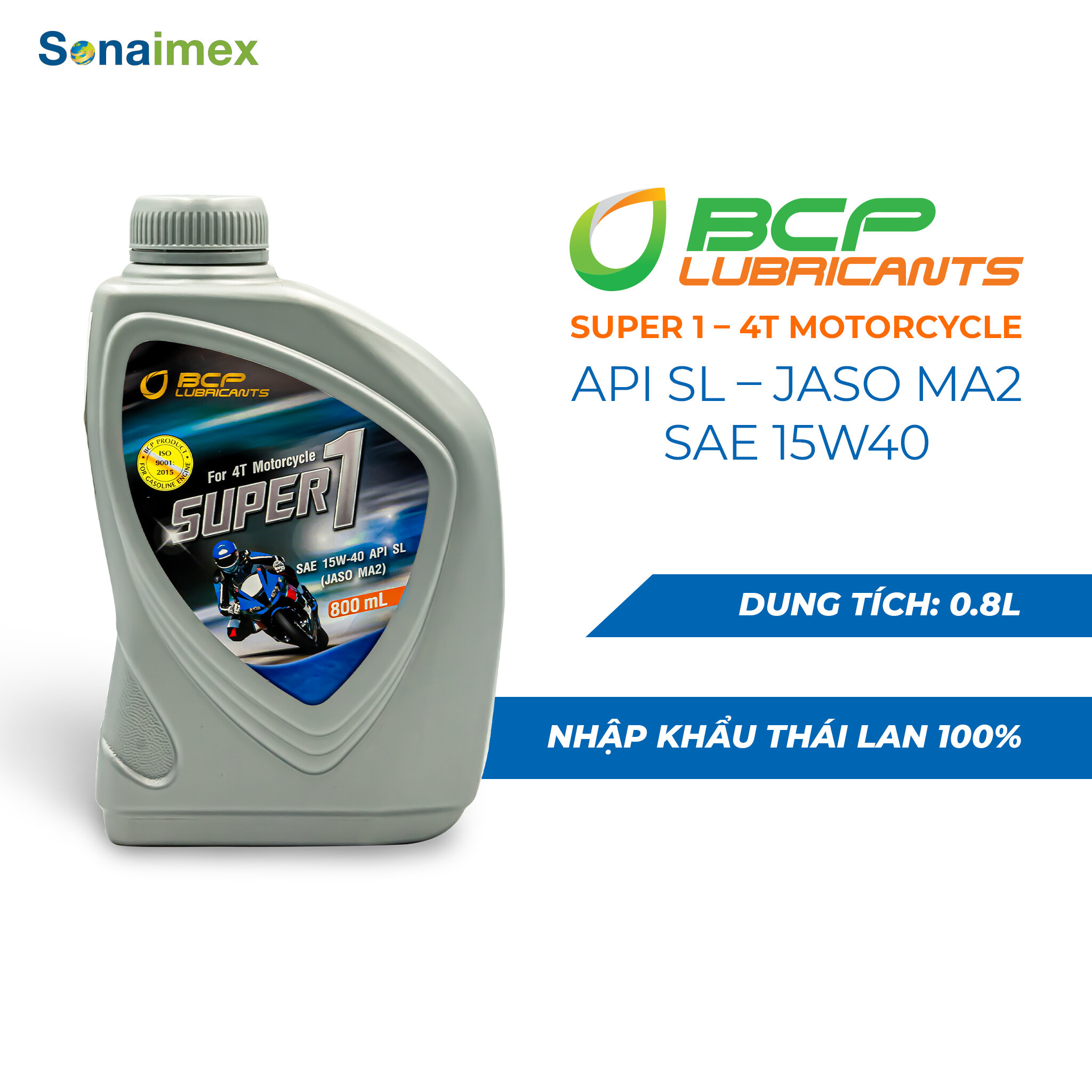 Nhớt động cơ xe máy BCP Thái Lan SUPER 1 SAE 15W40, API SL, JASO MA2, Chai 0.8L - Dầu Nhớt Xe Máy Loại Tốt Dành Cho Xe Số, Xe Tay Ga 4 Thì (Nhập Khẩu Thái Lan)